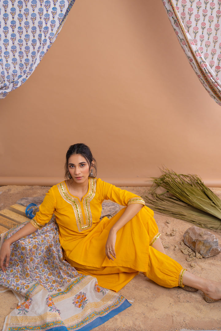 Yellow Cotton Gota Suit With Ivory Hand Block Printed Chanderi Dupatta