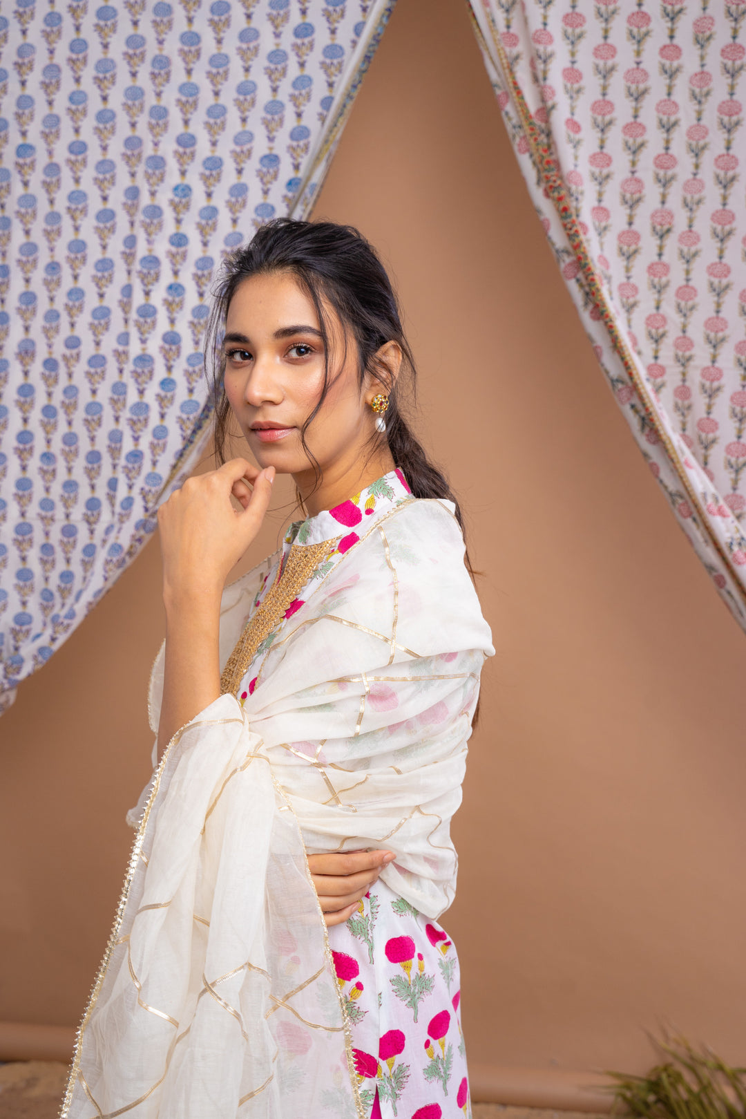 White Pink Hand Block Printed Cotton Kurta With Gota Palazzo And Chanderi Dupatta