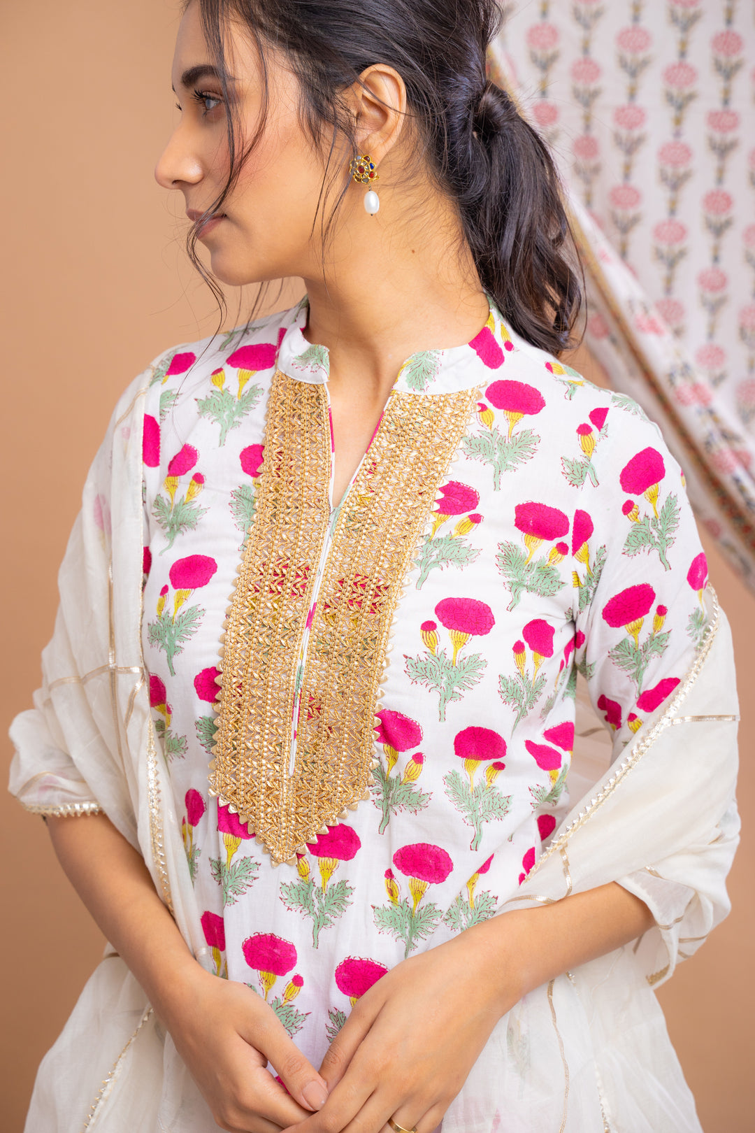 White Pink Hand Block Printed Cotton Kurta With Gota Palazzo And Chanderi Dupatta