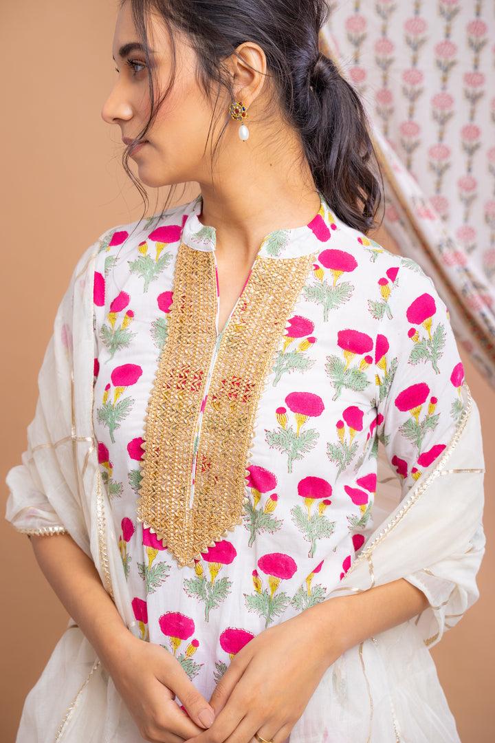 White Pink Hand Block Printed Cotton Kurta With Gota Palazzo And Chanderi Dupatta
