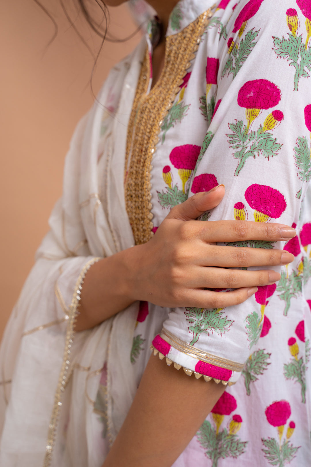 White Pink Hand Block Printed Cotton Kurta With Gota Palazzo And Chanderi Dupatta