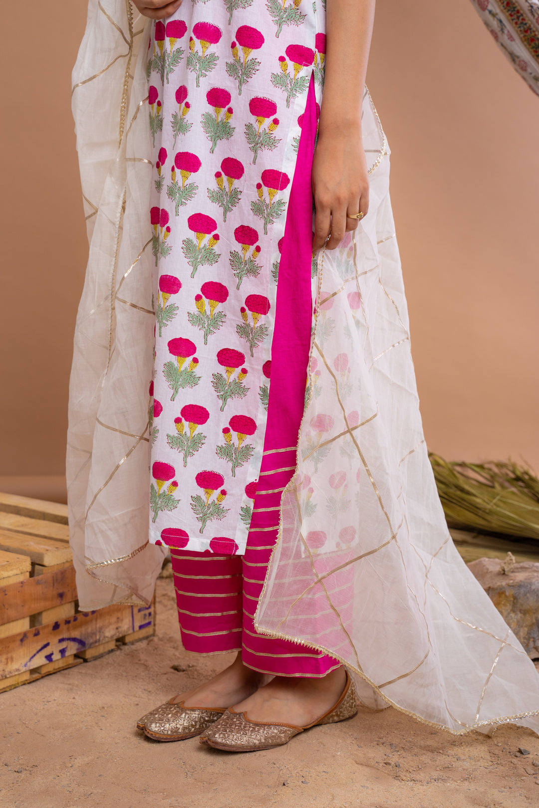 White Pink Hand Block Printed Cotton Kurta With Gota Palazzo And Chanderi Dupatta