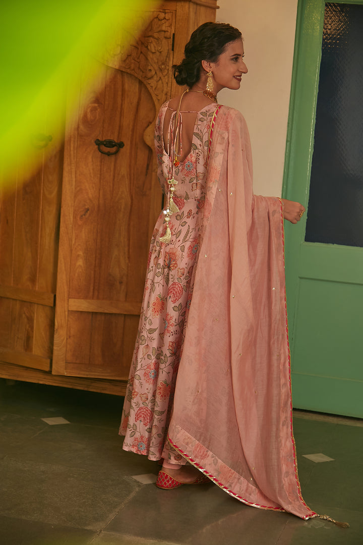 Blush Pink printed Anarkali with Chooridar and Dupatta- set of 3