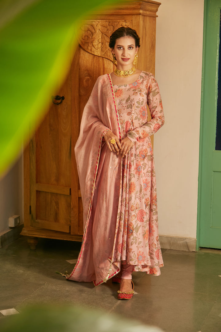 Blush Pink printed Anarkali with Chooridar and Dupatta- set of 3