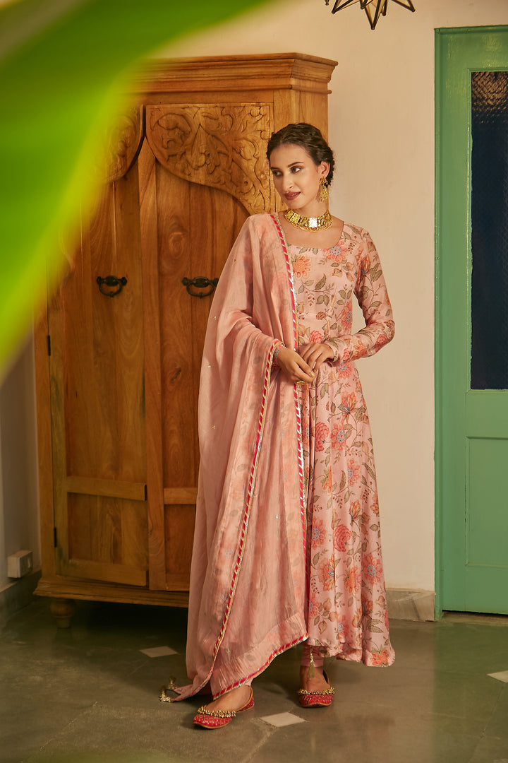 Blush Pink printed Anarkali with Chooridar and Dupatta- set of 3