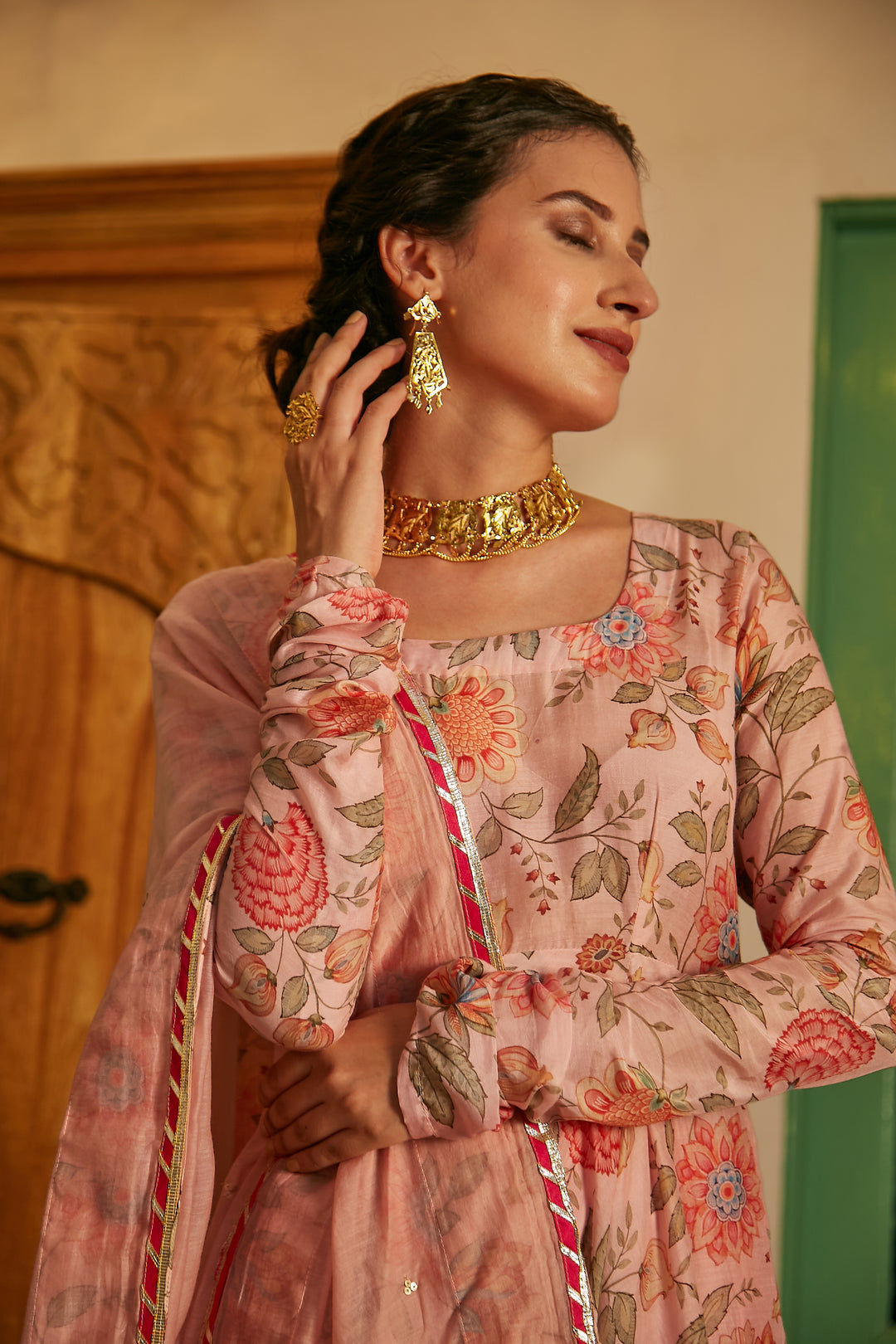 Blush Pink printed Anarkali with Chooridar and Dupatta- set of 3