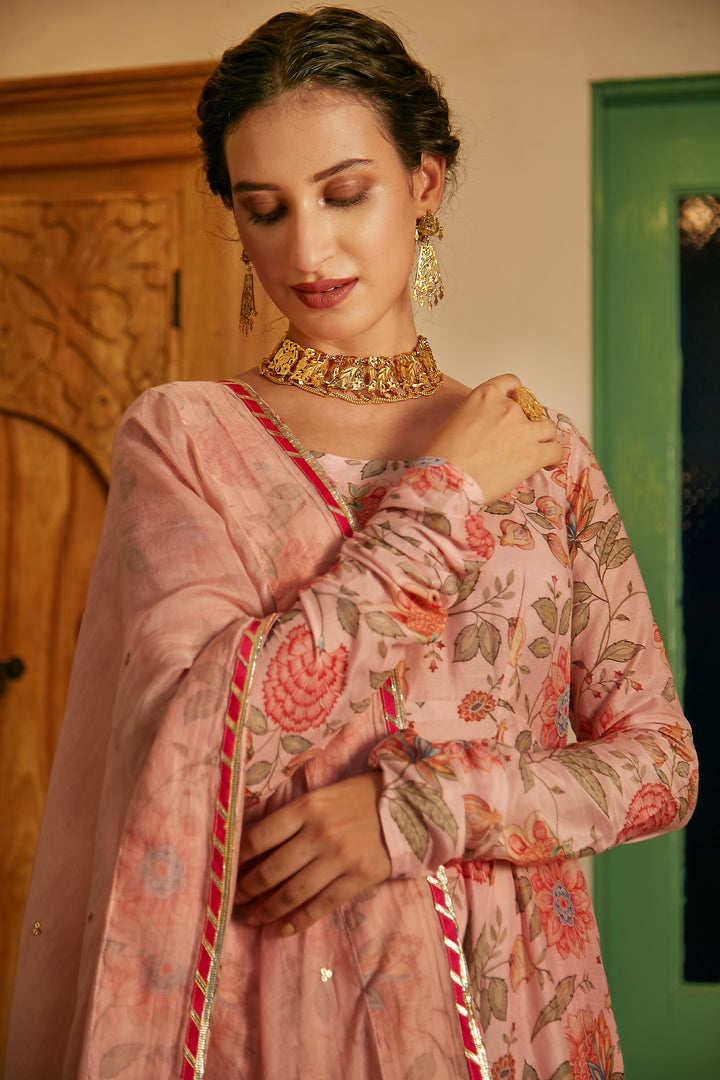 Blush Pink printed Anarkali with Chooridar and Dupatta- set of 3