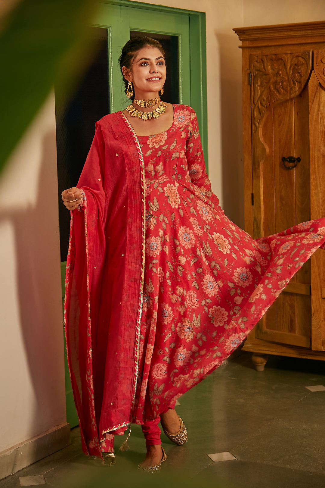 Hot Pink printed Anarkali with Chooridar and Dupatta- set of 3