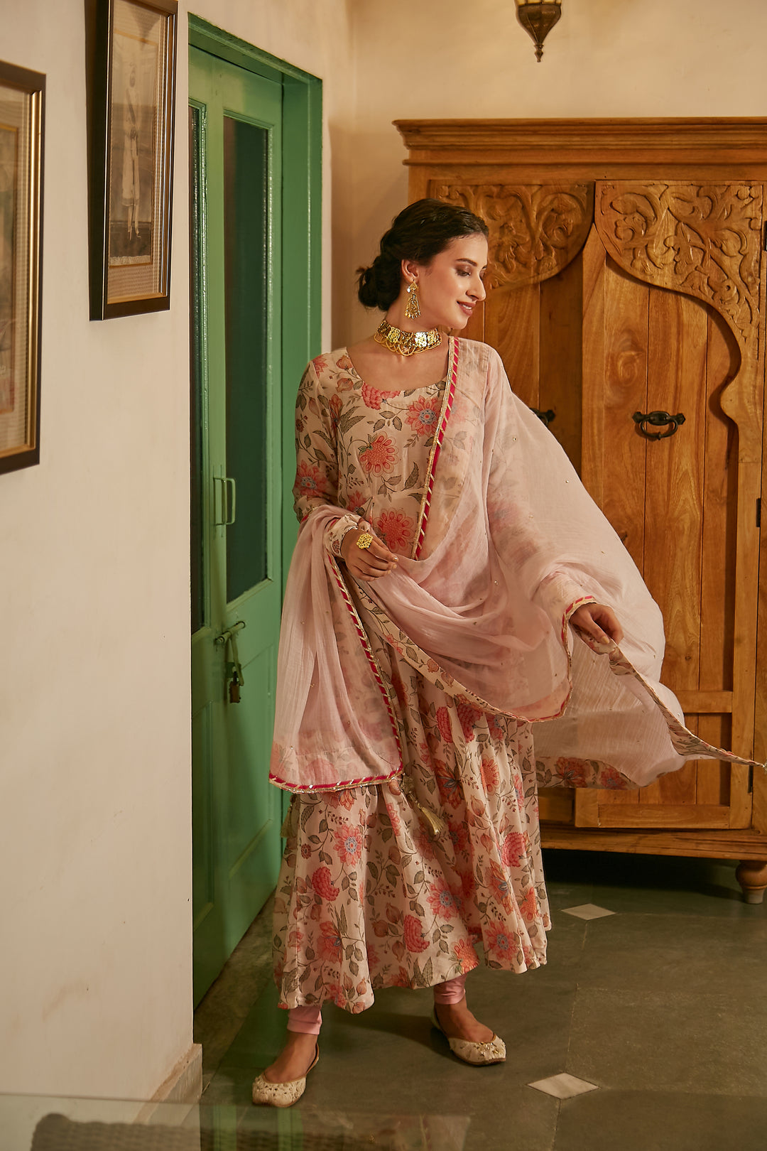 Daisy White printed Anarkali with Chooridar and Dupatta- set of 3