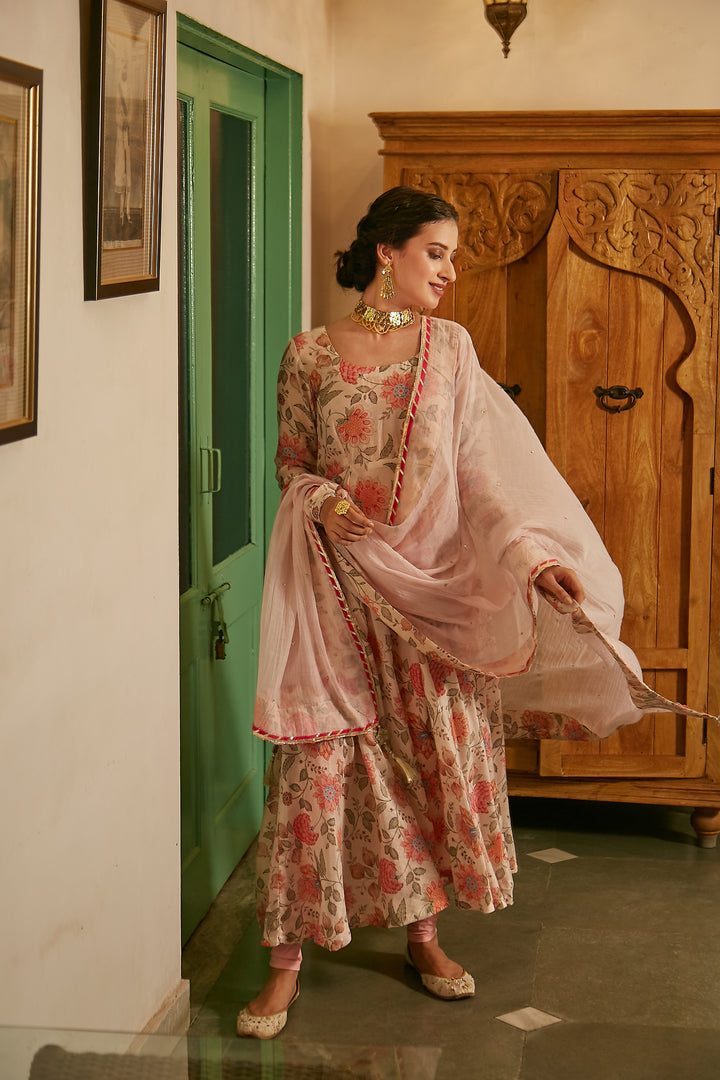 Daisy White printed Anarkali with Chooridar and Dupatta- set of 3
