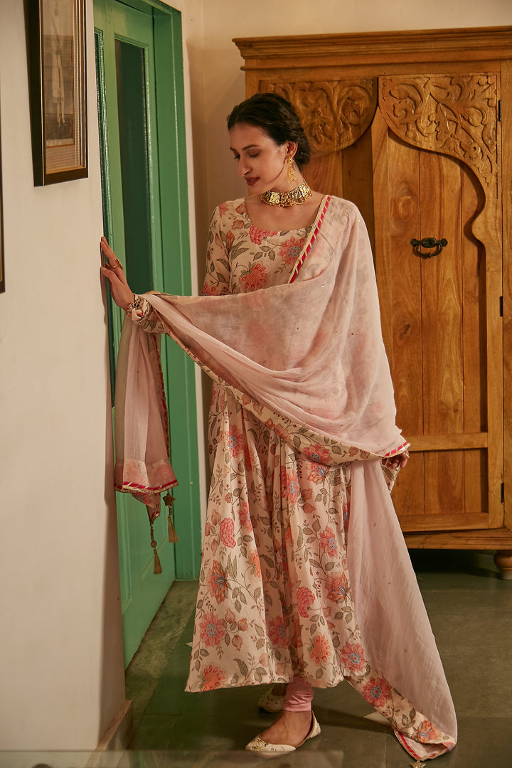 Daisy White printed Anarkali with Chooridar and Dupatta- set of 3