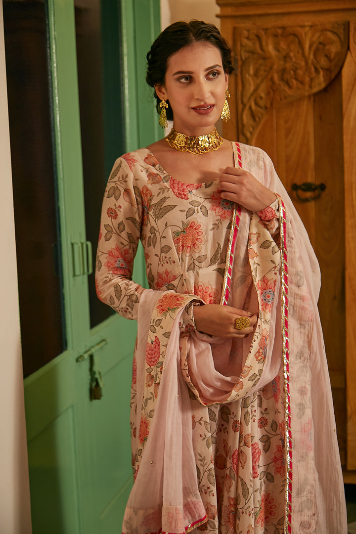 Daisy White printed Anarkali with Chooridar and Dupatta- set of 3