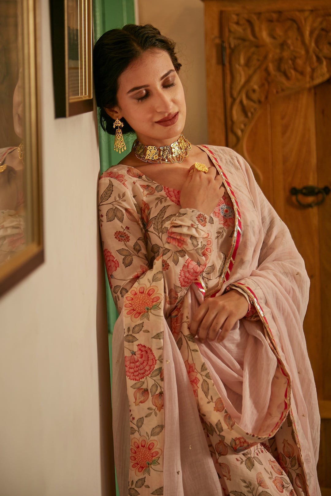 Daisy White printed Anarkali with Chooridar and Dupatta- set of 3