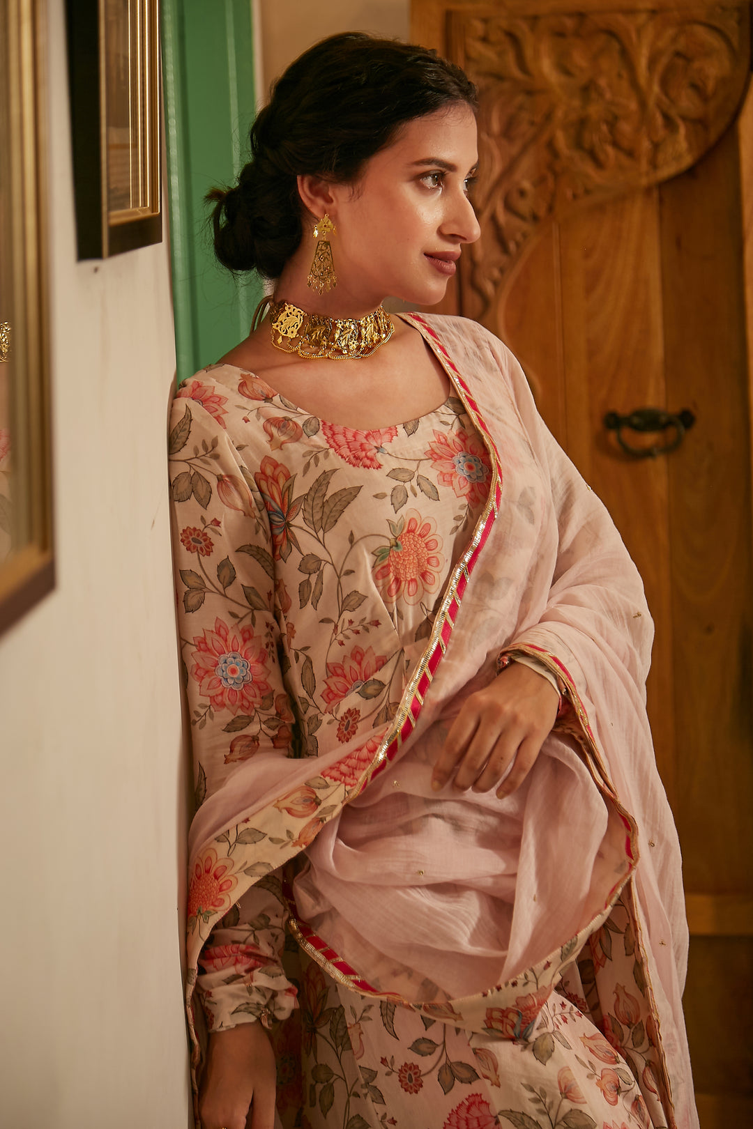 Daisy White printed Anarkali with Chooridar and Dupatta- set of 3