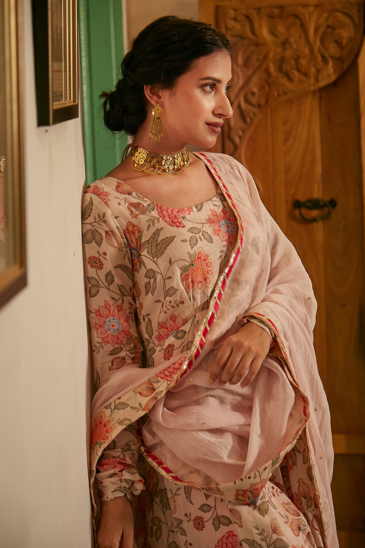 Daisy White printed Anarkali with Chooridar and Dupatta- set of 3