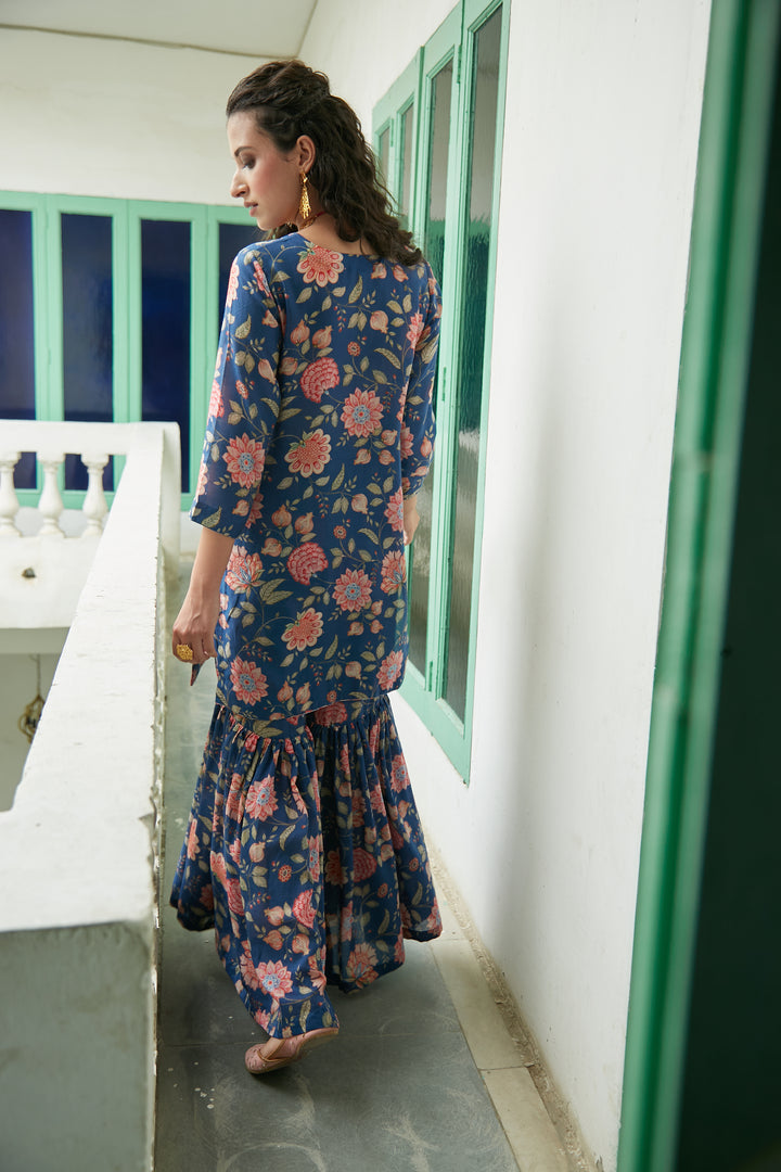MidNight Blue Printed Short kurta with Sharara and Dupatta- Set of 3