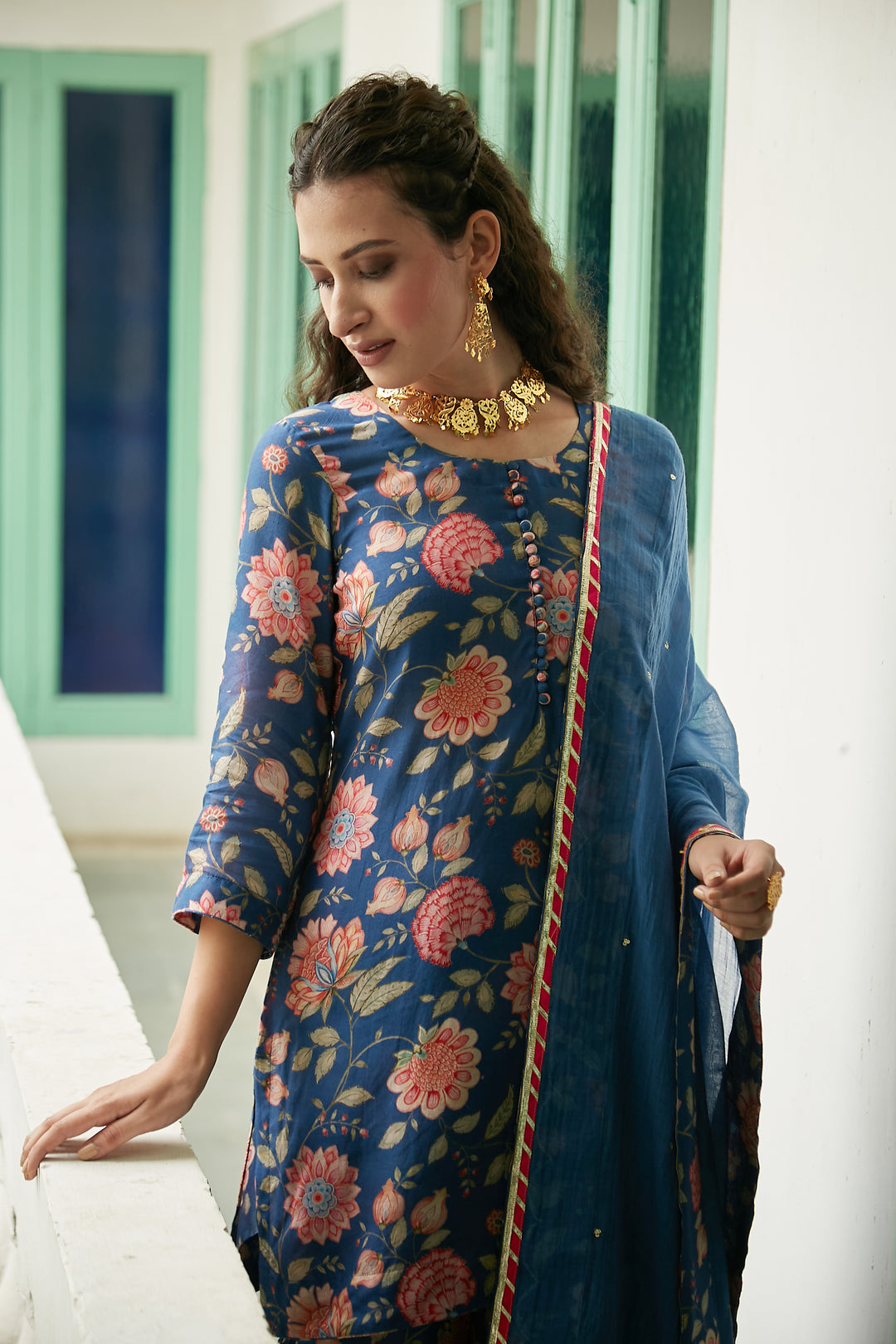 MidNight Blue Printed Short kurta with Sharara and Dupatta- Set of 3