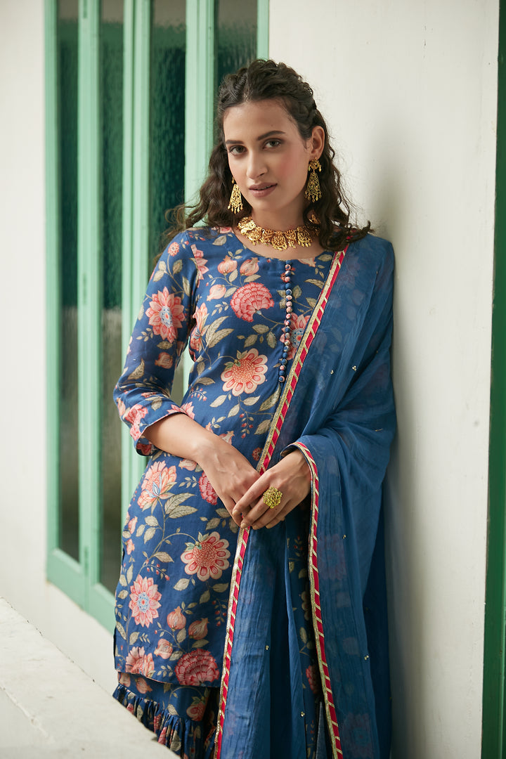 MidNight Blue Printed Short kurta with Sharara and Dupatta- Set of 3