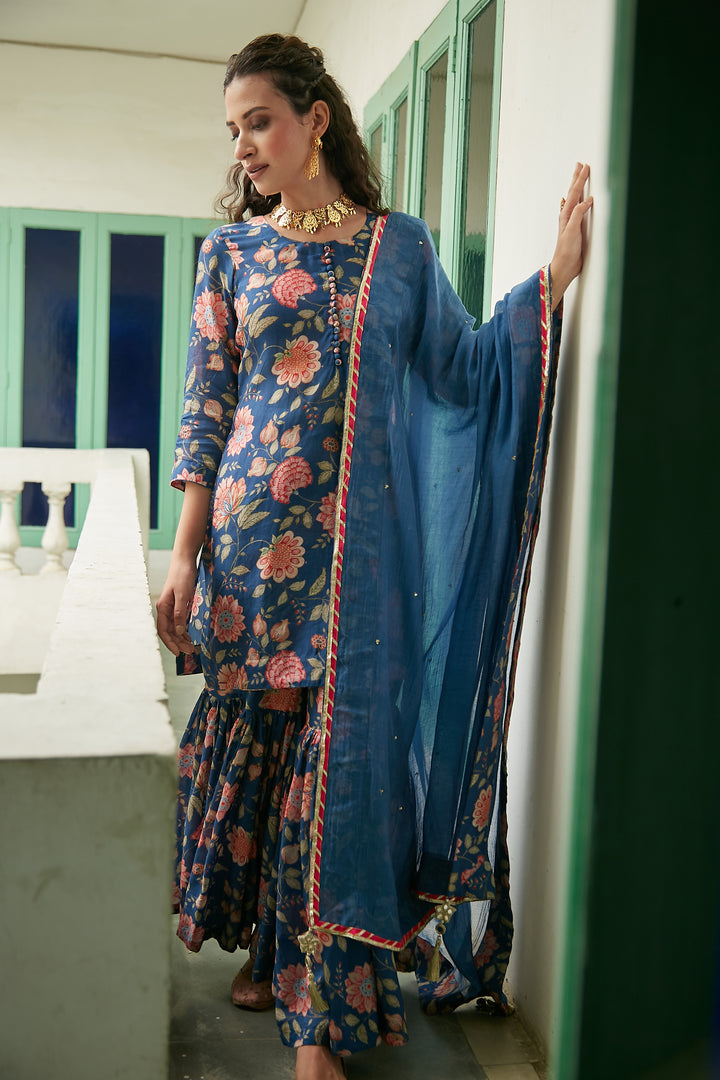 MidNight Blue Printed Short kurta with Sharara and Dupatta- Set of 3