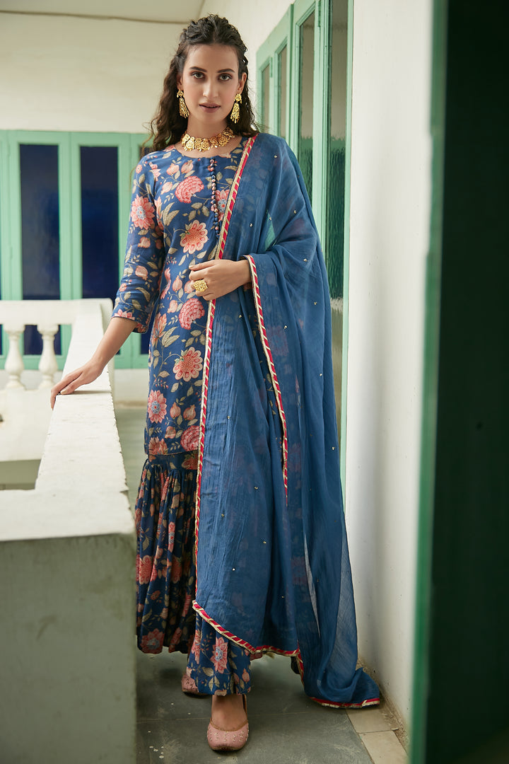 MidNight Blue Printed Short kurta with Sharara and Dupatta- Set of 3