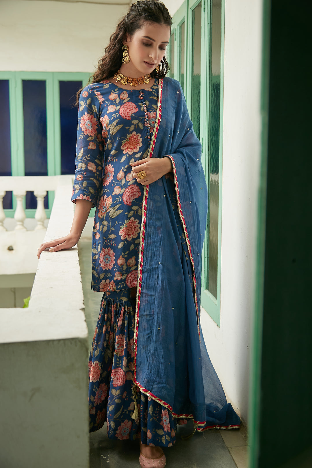 MidNight Blue Printed Short kurta with Sharara and Dupatta- Set of 3