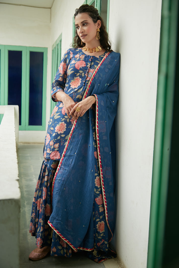 MidNight Blue Printed Short kurta with Sharara and Dupatta- Set of 3