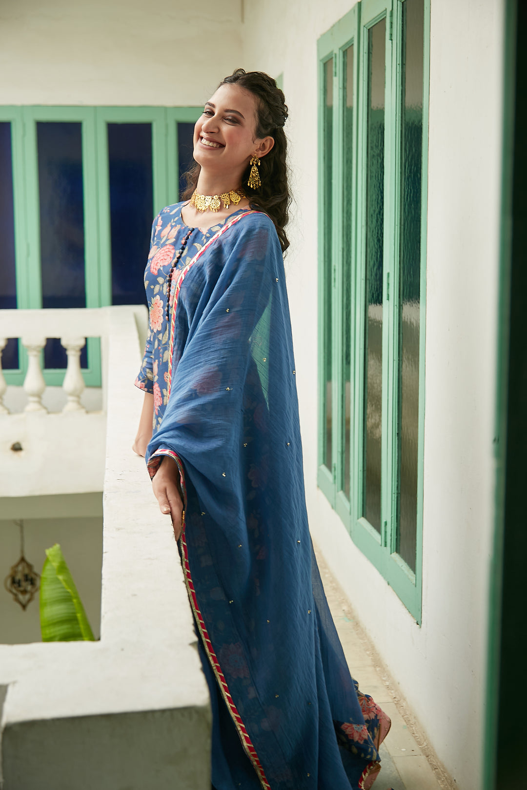 MidNight Blue Printed Short kurta with Sharara and Dupatta- Set of 3