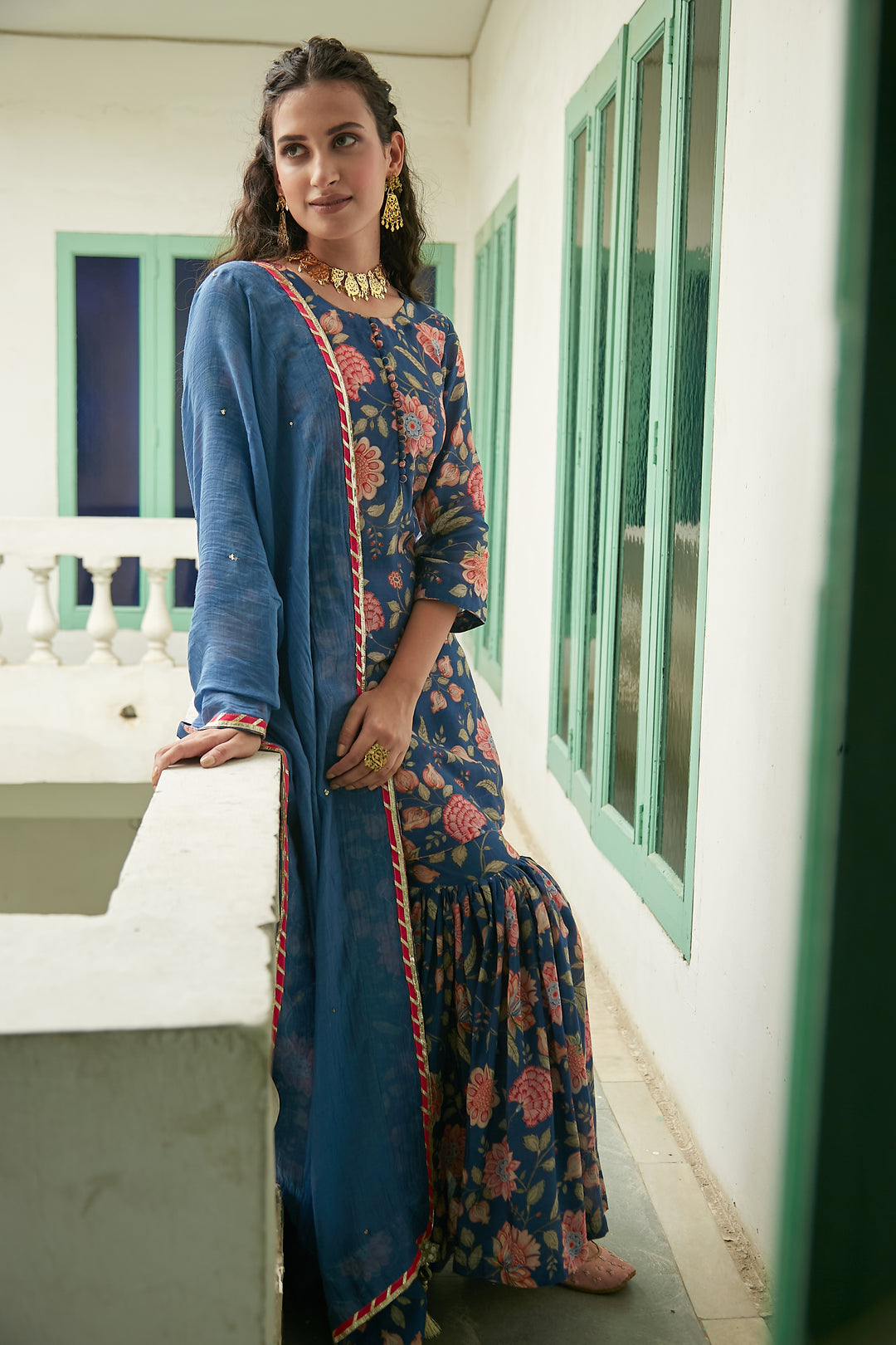 MidNight Blue Printed Short kurta with Sharara and Dupatta- Set of 3