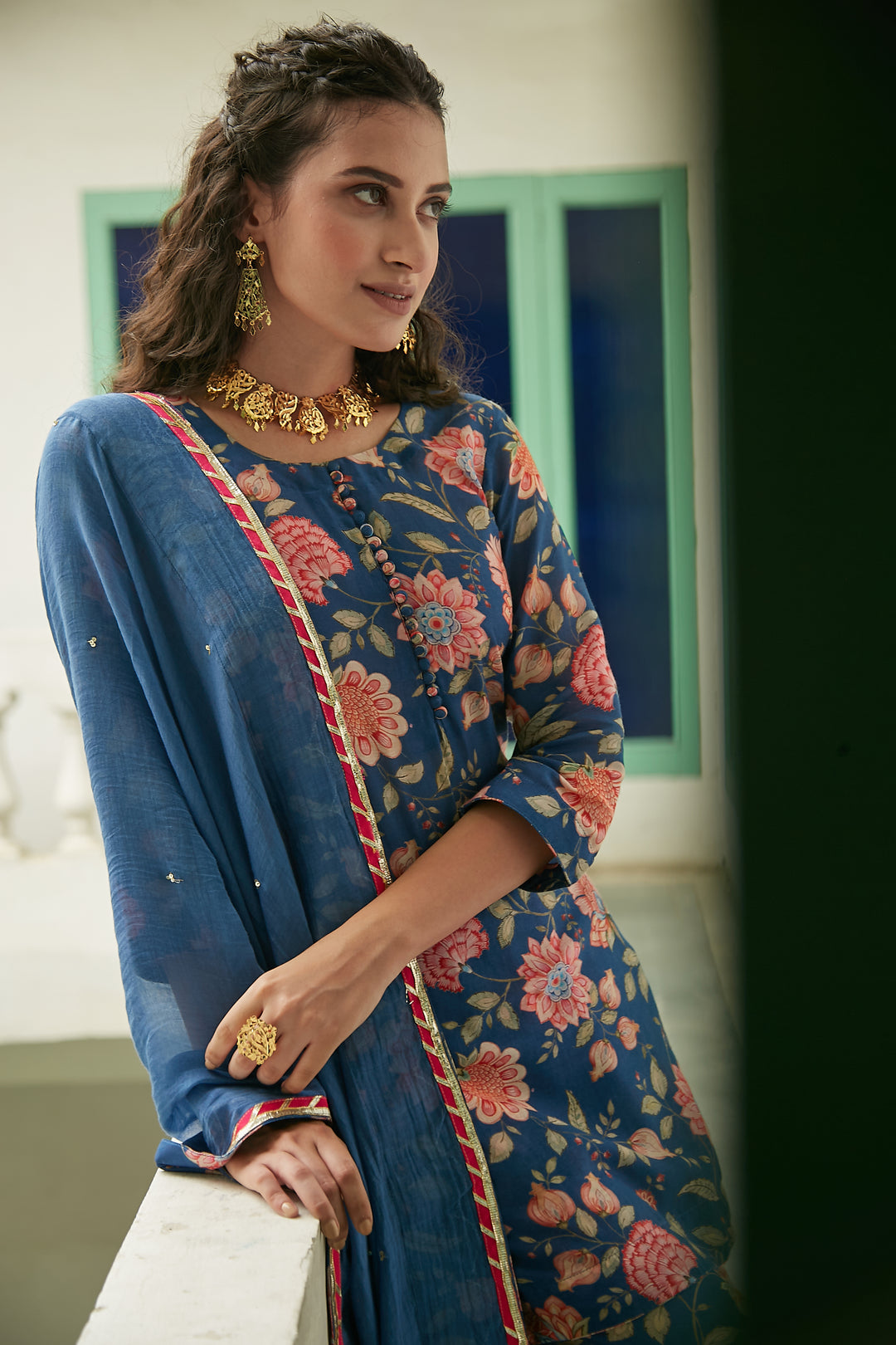 MidNight Blue Printed Short kurta with Sharara and Dupatta- Set of 3