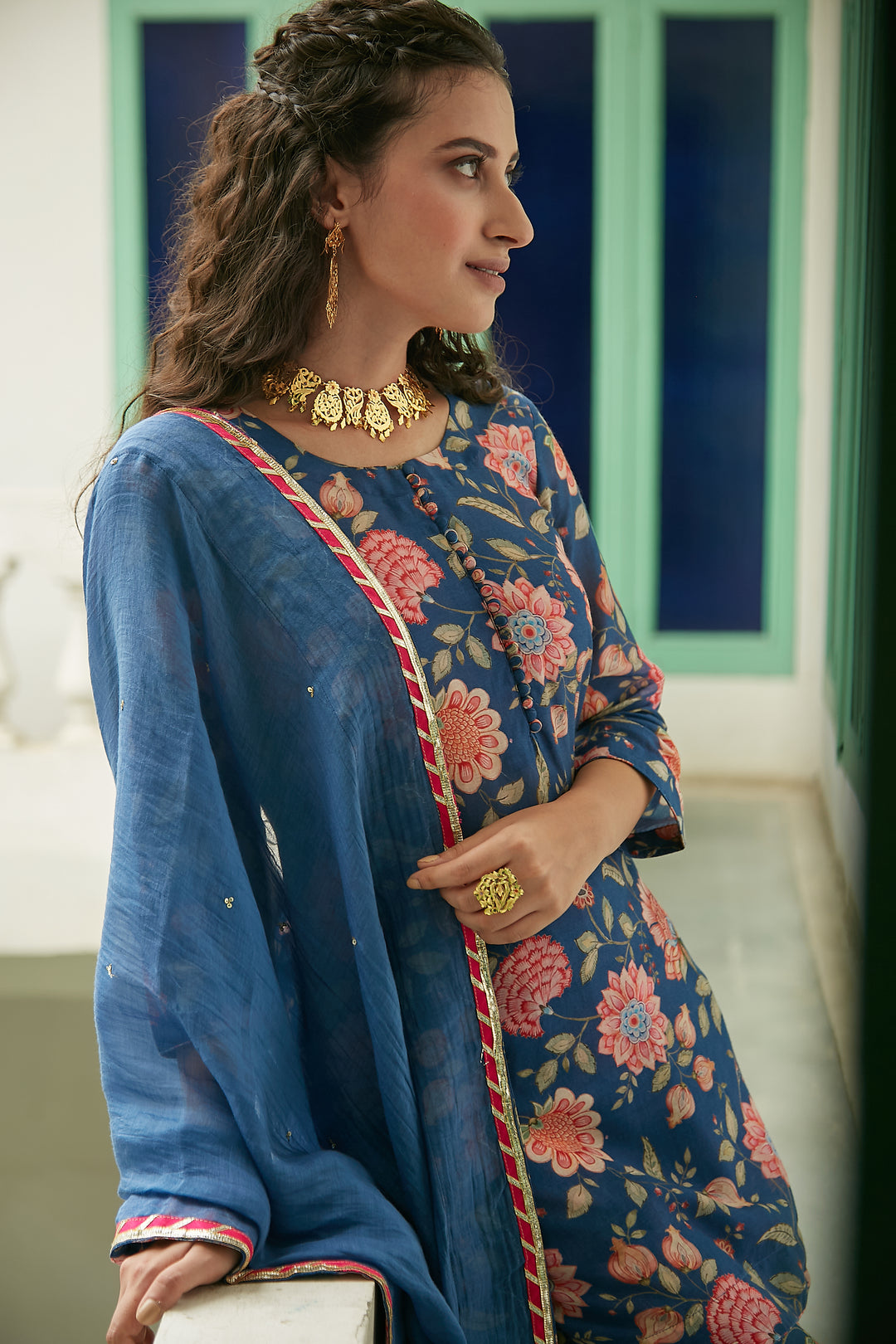 MidNight Blue Printed Short kurta with Sharara and Dupatta- Set of 3