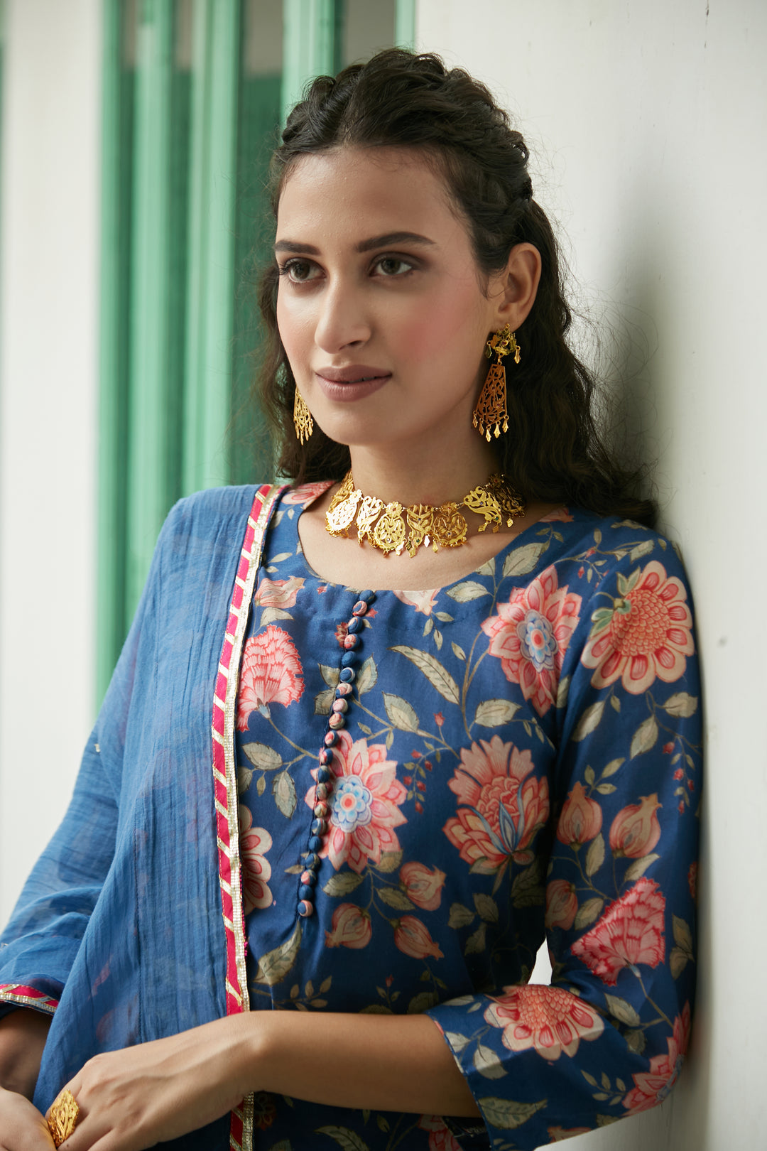 MidNight Blue Printed Short kurta with Sharara and Dupatta- Set of 3