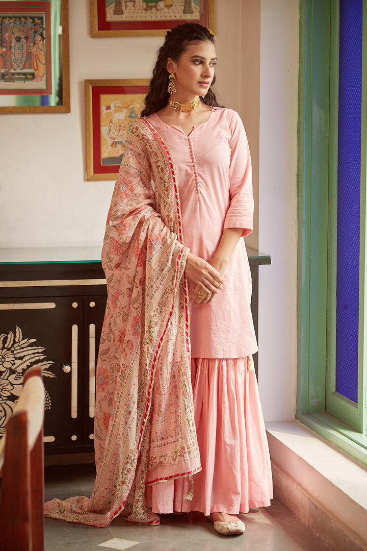 Blush Pink short kurta with Sharara and Printed Dupatta- set of 3