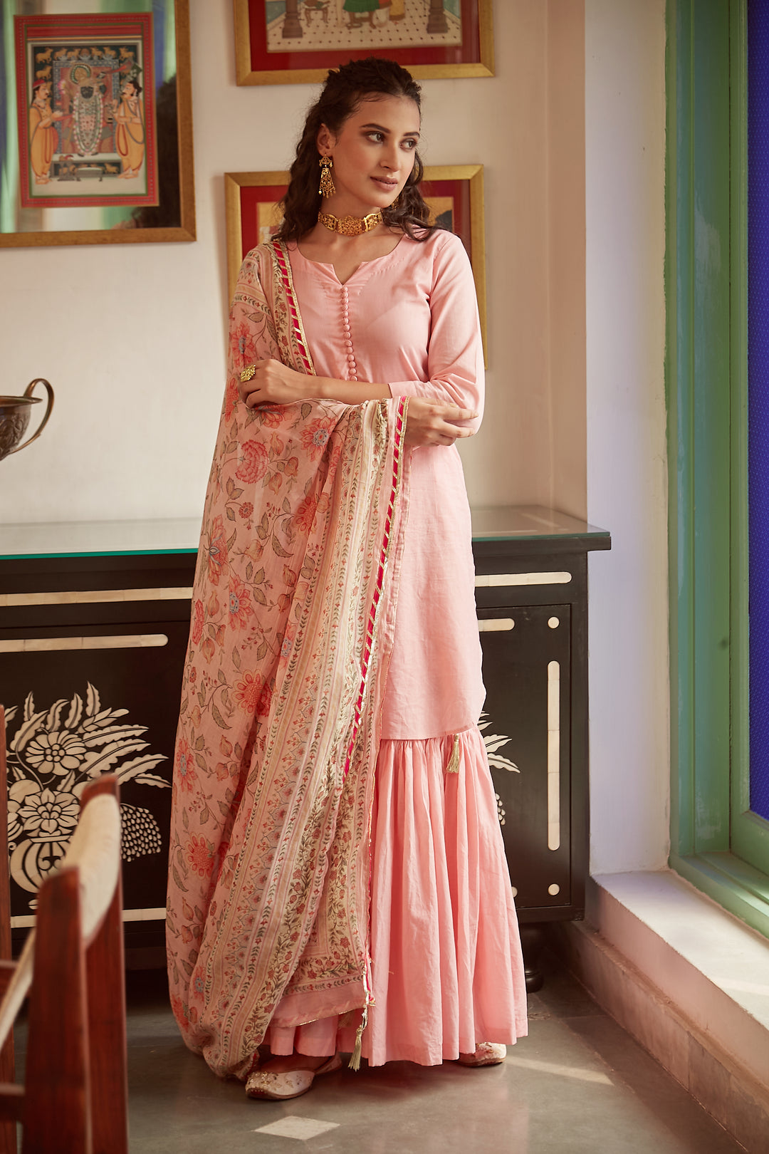 Blush Pink short kurta with Sharara and Printed Dupatta- set of 3