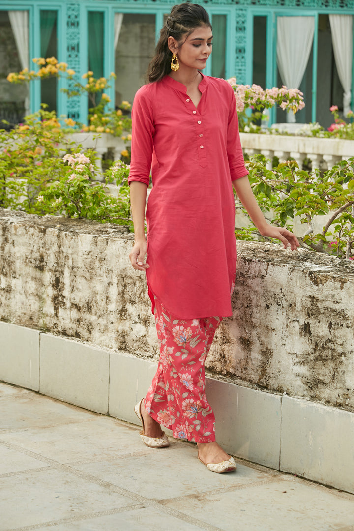 Hot Pink short kurta with printed pants- set of 2