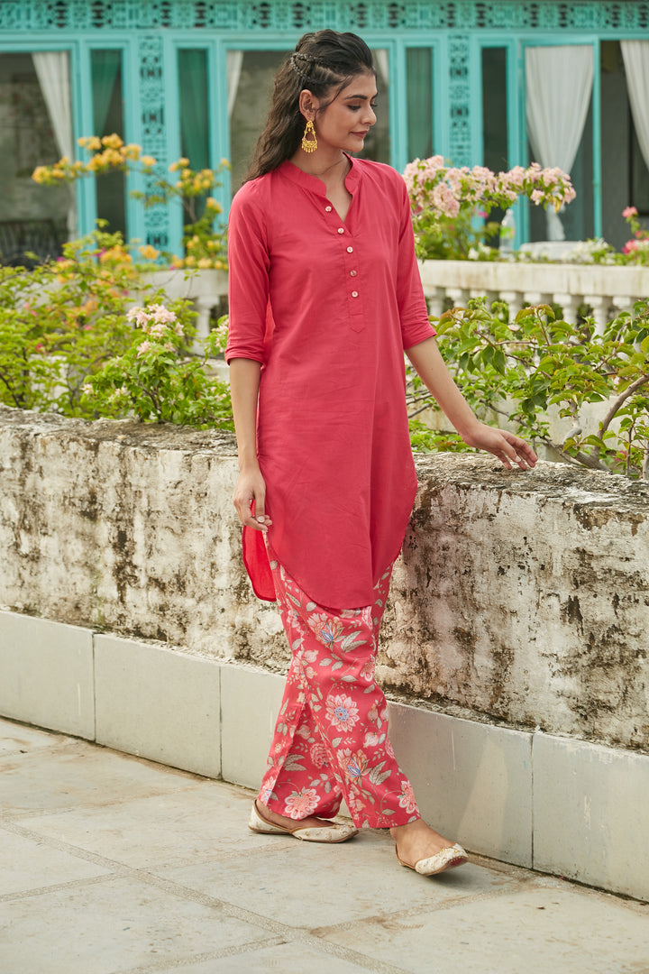Hot Pink short kurta with printed pants- set of 2