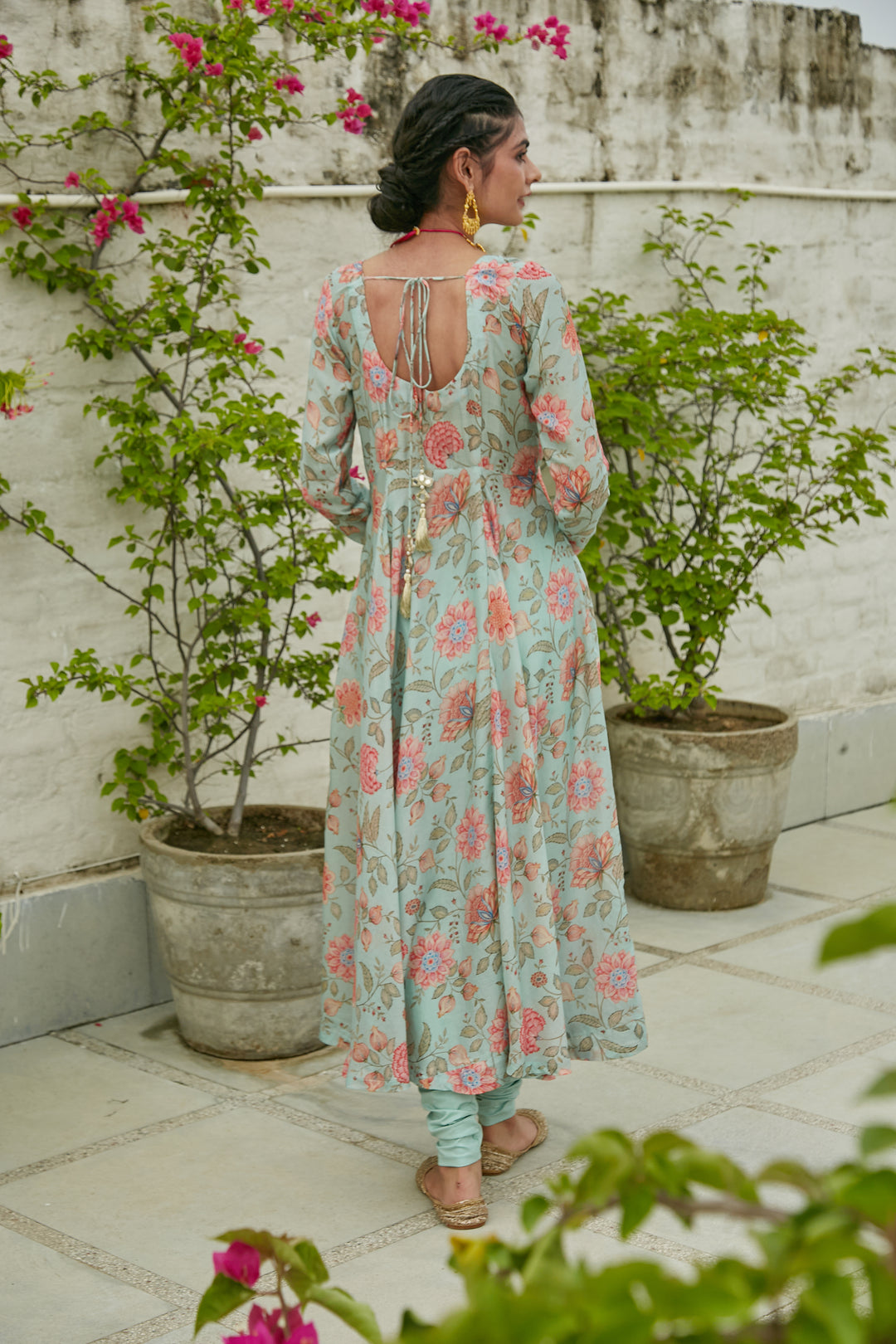Aqua Blue printed Anarkali with Chooridar and Dupatta- set of 3