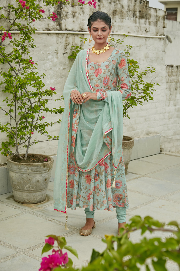 Aqua Blue printed Anarkali with Chooridar and Dupatta- set of 3