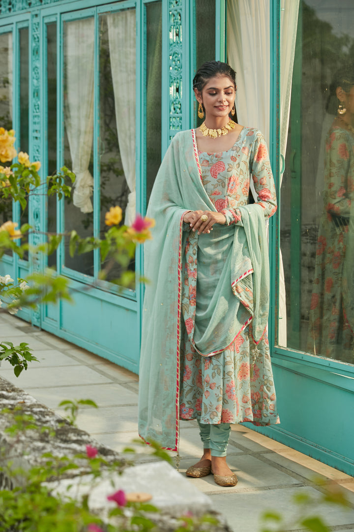 Aqua Blue printed Anarkali with Chooridar and Dupatta- set of 3