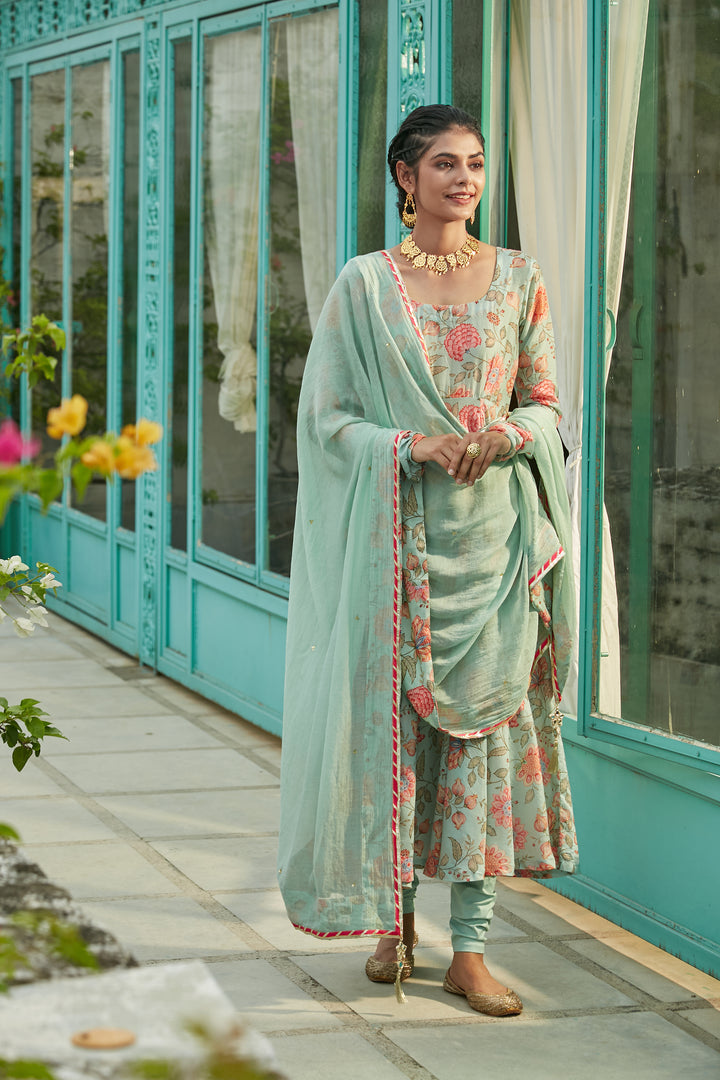 Aqua Blue printed Anarkali with Chooridar and Dupatta- set of 3