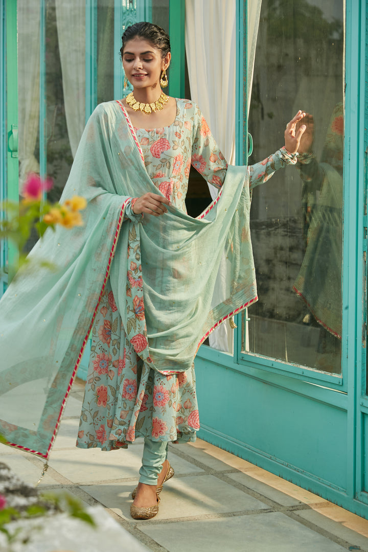 Aqua Blue printed Anarkali with Chooridar and Dupatta- set of 3