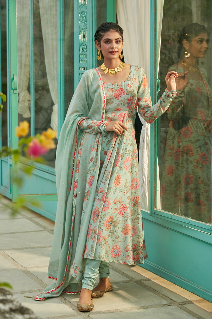 Aqua Blue printed Anarkali with Chooridar and Dupatta- set of 3