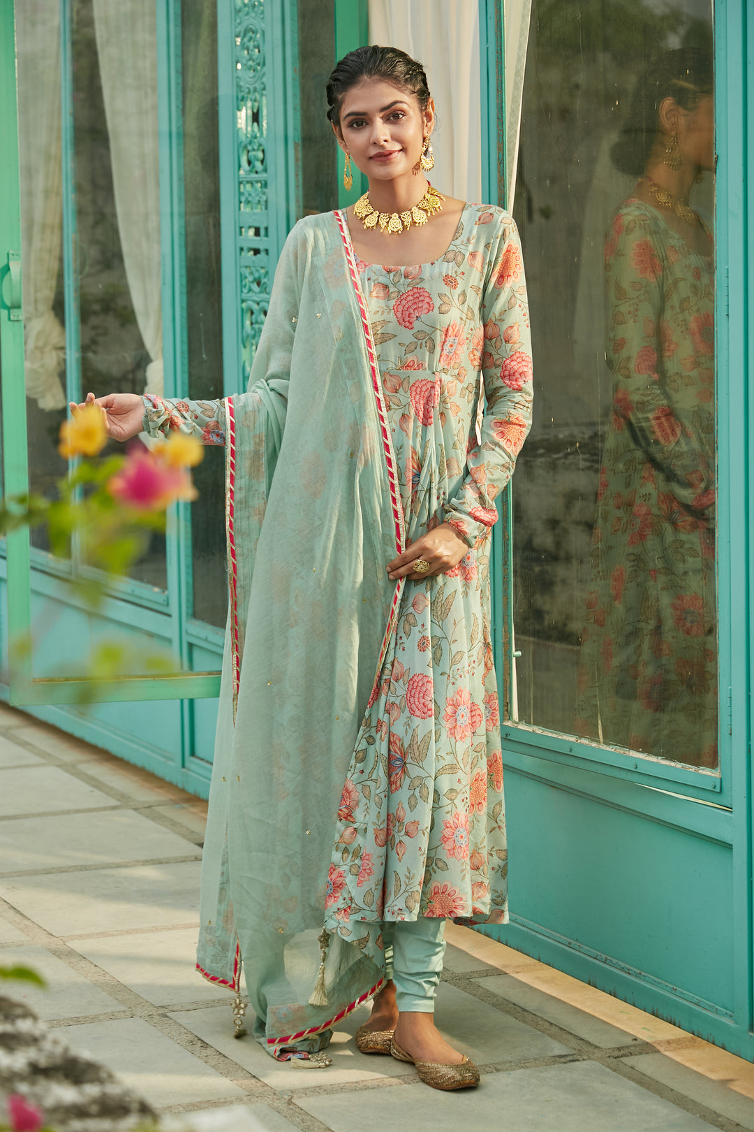 Aqua Blue printed Anarkali with Chooridar and Dupatta- set of 3