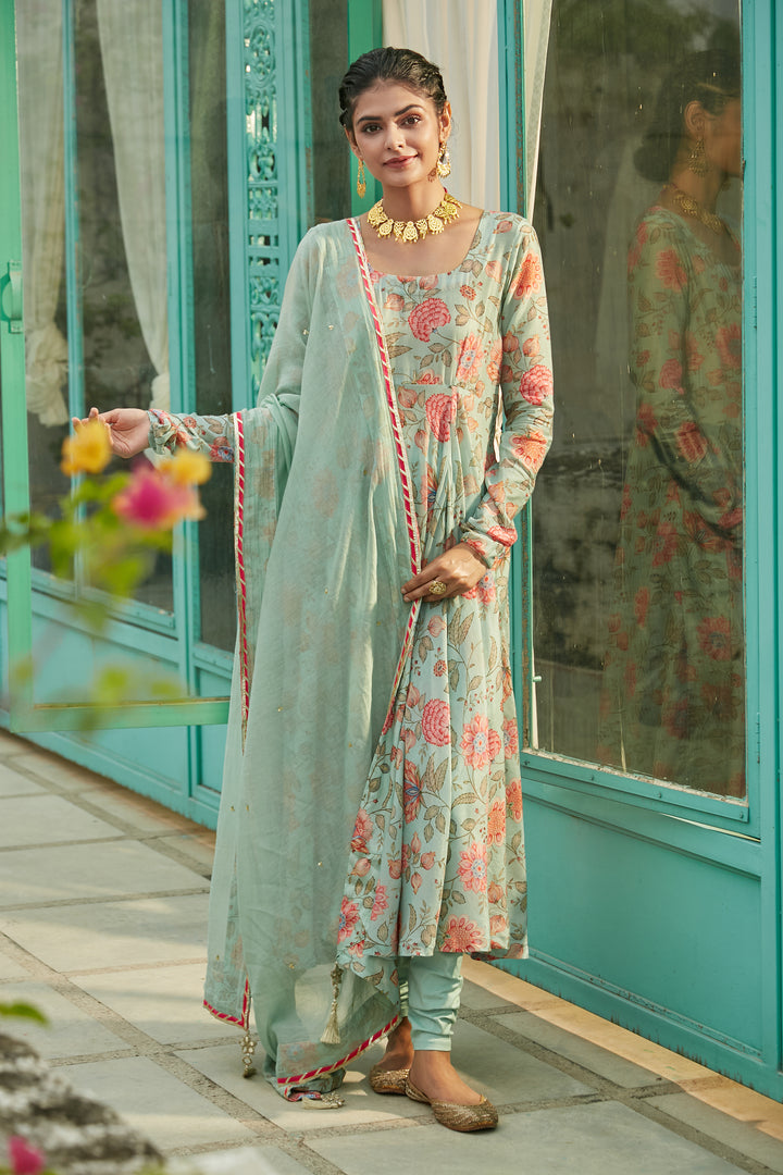 Aqua Blue printed Anarkali with Chooridar and Dupatta- set of 3