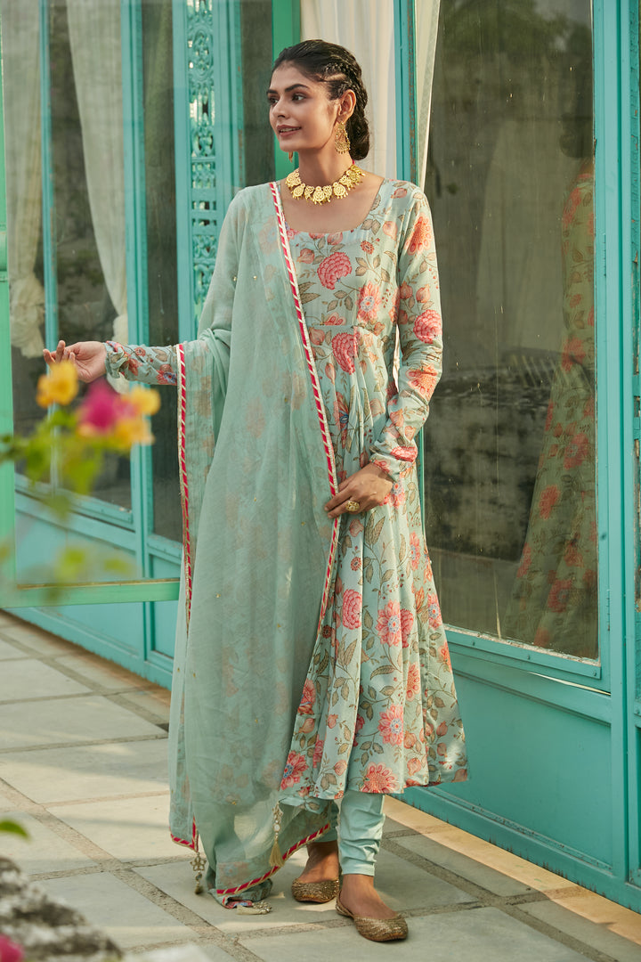 Aqua Blue printed Anarkali with Chooridar and Dupatta- set of 3