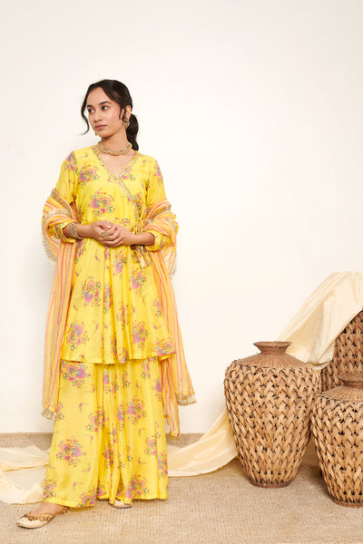 Bahaar Neon Yellow printed Angrakha with Sharara and Dupatta- Set of 3