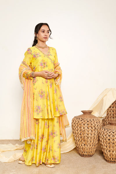 Bahaar Neon Yellow printed Angrakha with Sharara and Dupatta- Set of 3