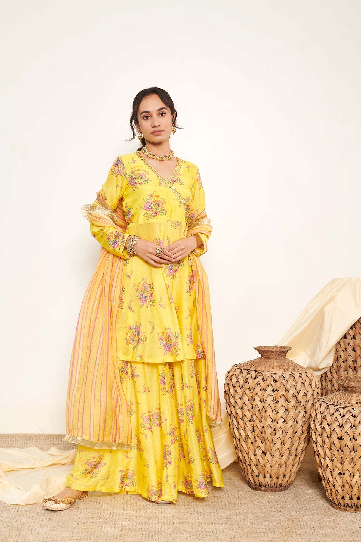 Bahaar Neon Yellow printed Angrakha with Sharara and Dupatta- Set of 3