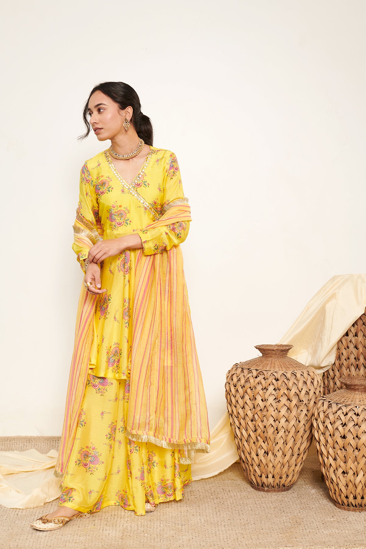 Bahaar Neon Yellow printed Angrakha with Sharara and Dupatta- Set of 3