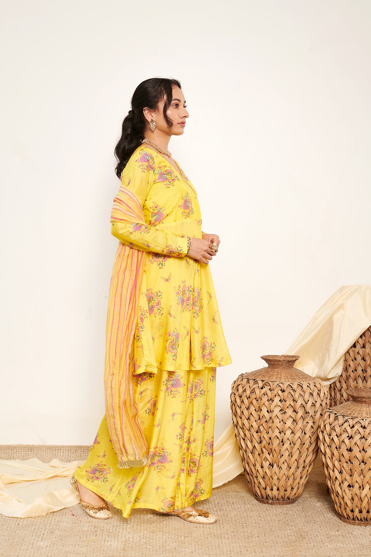 Bahaar Neon Yellow printed Angrakha with Sharara and Dupatta- Set of 3