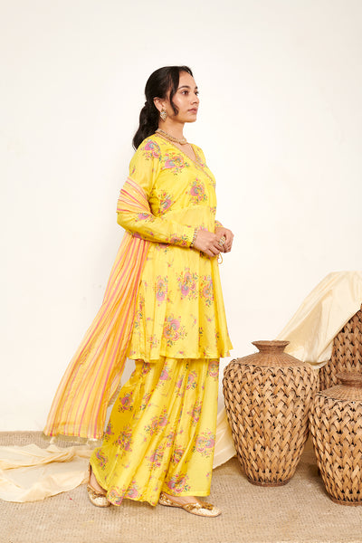 Bahaar Neon Yellow printed Angrakha with Sharara and Dupatta- Set of 3